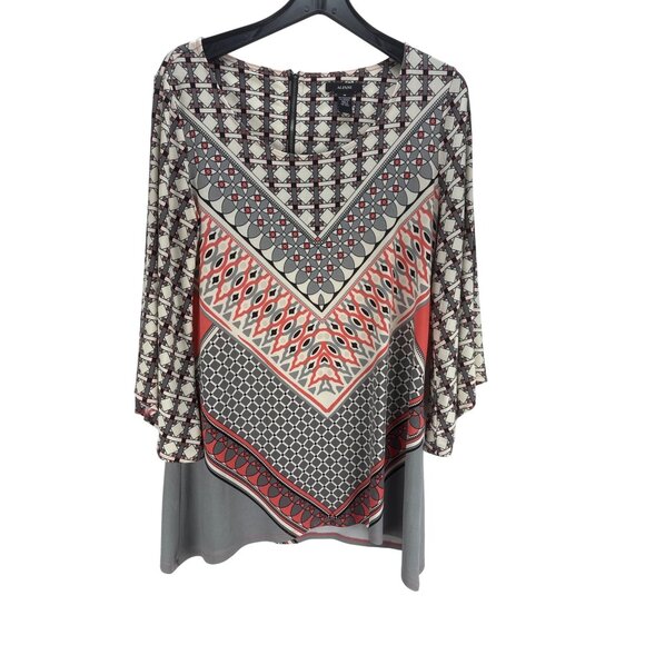 Alfani Graphic Tunic Top Multicolor Bell Sleeve Blouse Medium Career Casual - Picture 1 of 5
